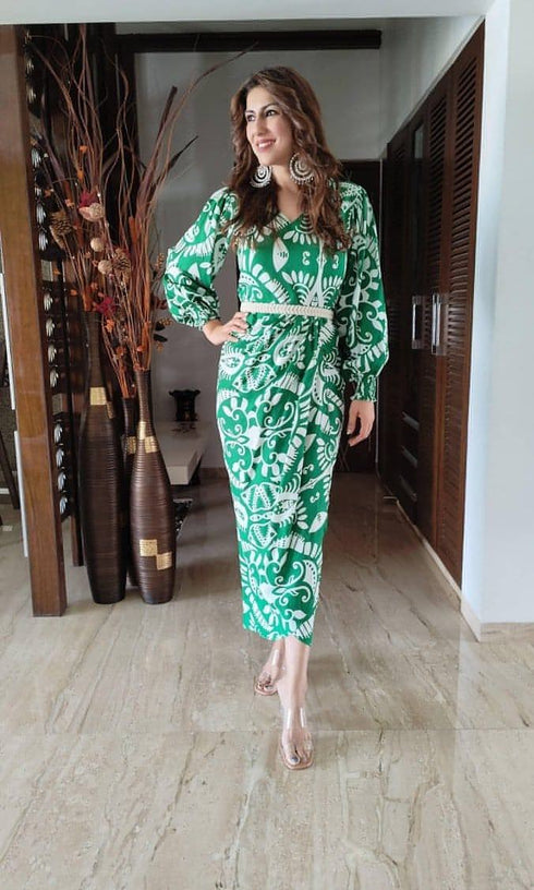 Green White Dress with Belt